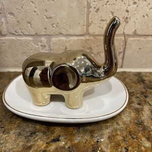 Elephant Ring Holder Trinket Tray Trunk Up Ceramic Gold Tone‎ Jewelry Dish Asian